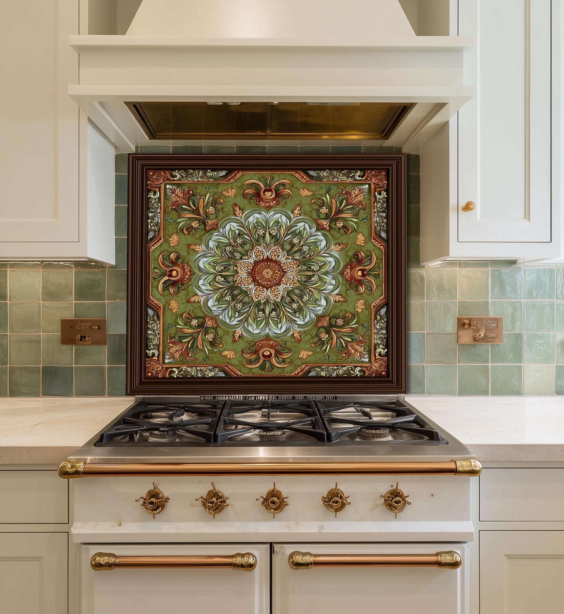 Ornate Lotus Mandala Glass Backsplash, Sage Green Floral Stove Panel, Custom Size Art