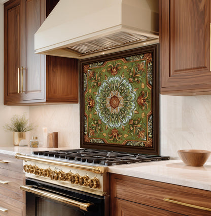 Ornate Lotus Mandala Glass Backsplash, Sage Green Floral Stove Panel, Custom Size Art