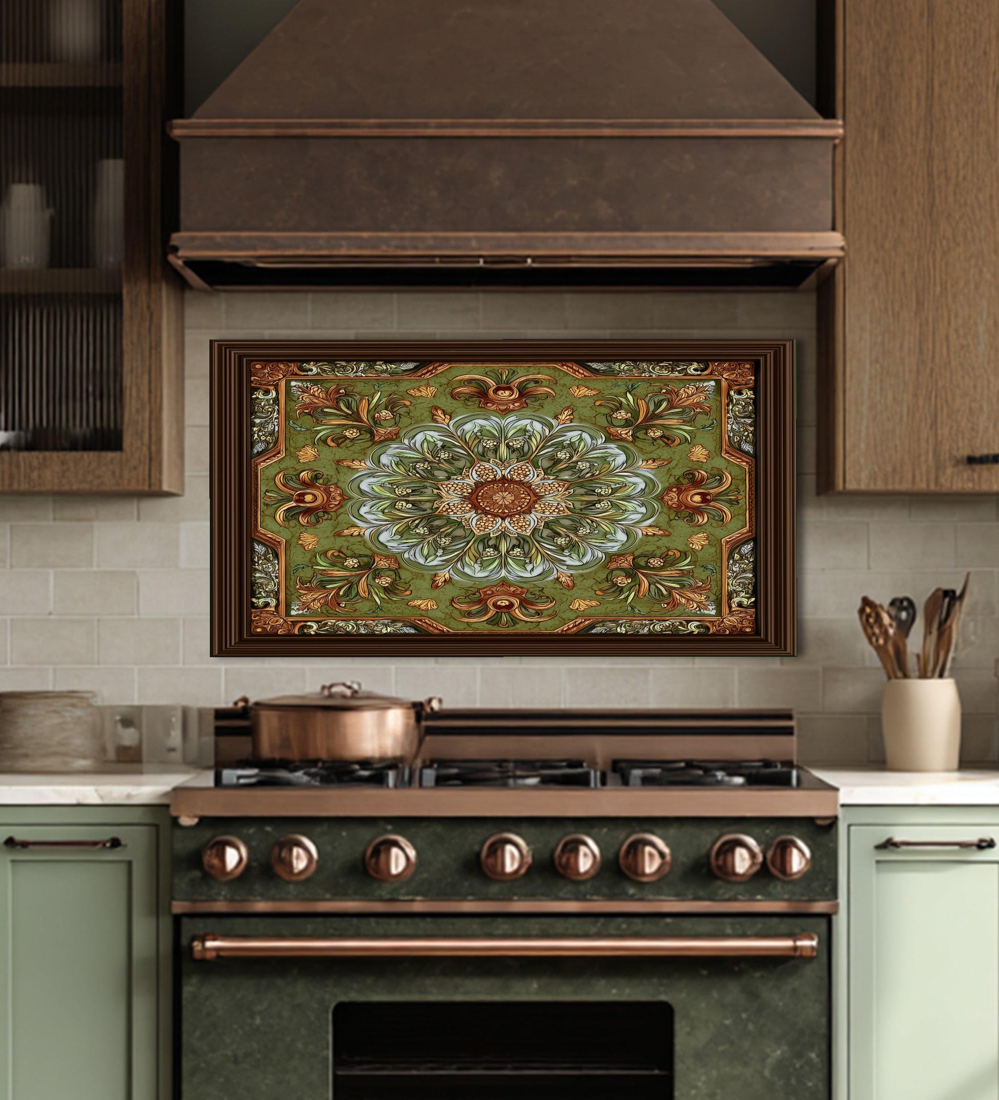 Ornate Lotus Mandala Glass Backsplash, Sage Green Floral Stove Panel, Custom Size Art