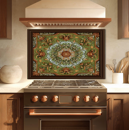 Ornate Lotus Mandala Glass Backsplash, Sage Green Floral Stove Panel, Custom Size Art