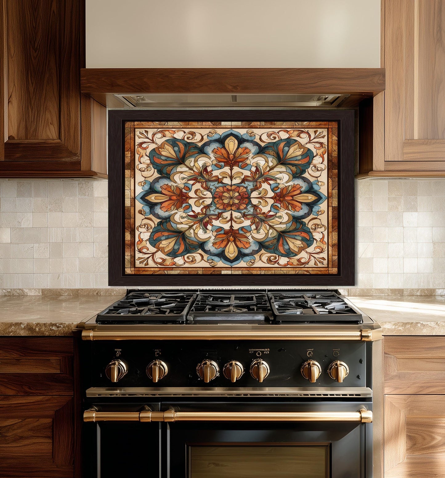 Ornate Amber Mandala Glass Backsplash, Floral Stained Glass Stove Panel, Custom Size Art