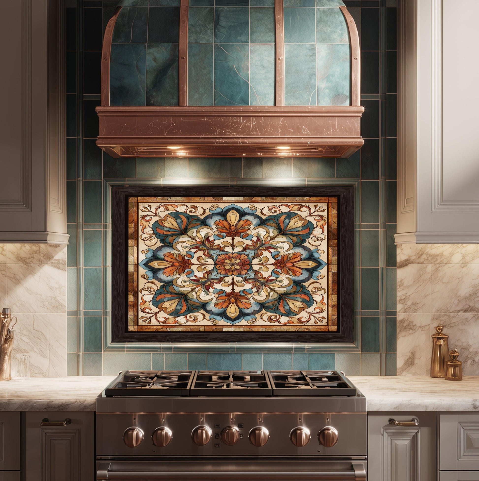 Ornate Amber Mandala Glass Backsplash, Floral Stained Glass Stove Panel, Custom Size Art