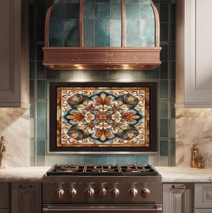 Ornate Amber Mandala Glass Backsplash, Floral Stained Glass Stove Panel, Custom Size Art