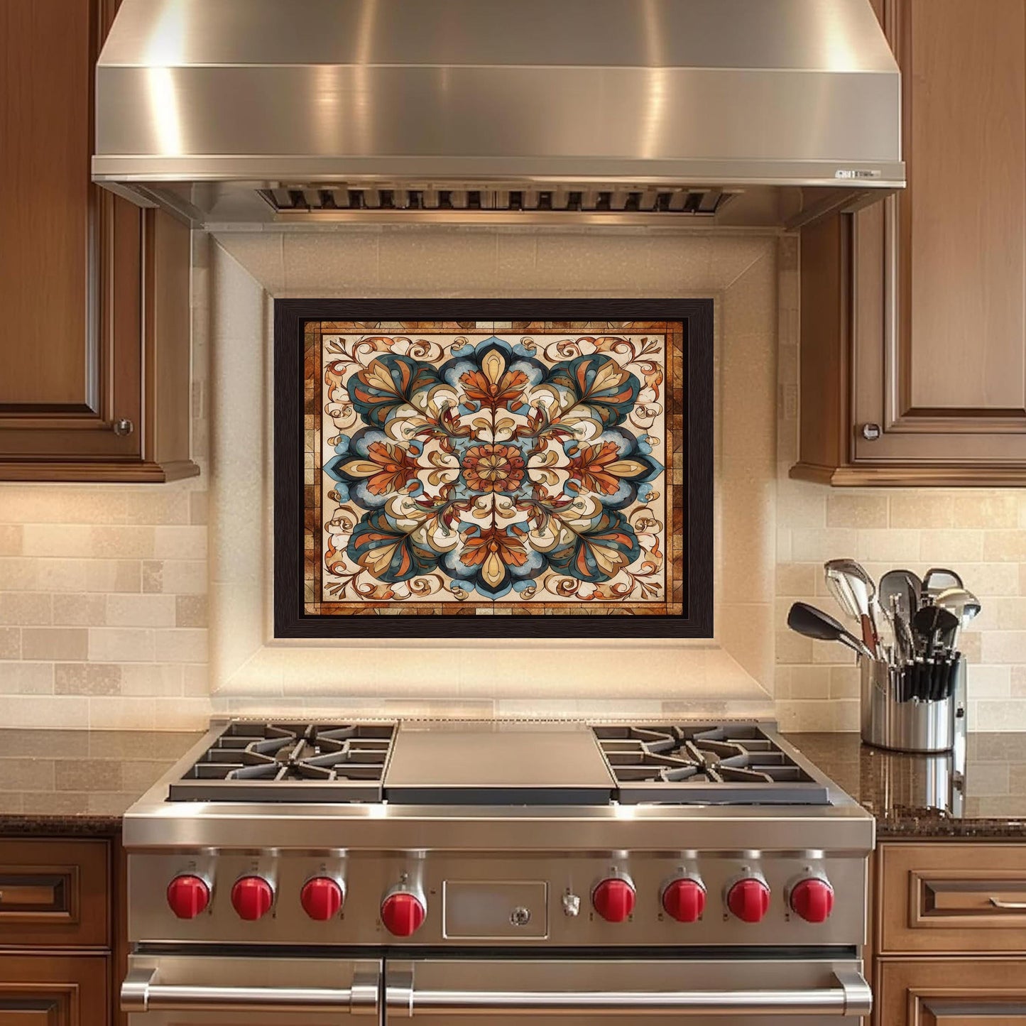 Ornate Amber Mandala Glass Backsplash, Floral Stained Glass Stove Panel, Custom Size Art