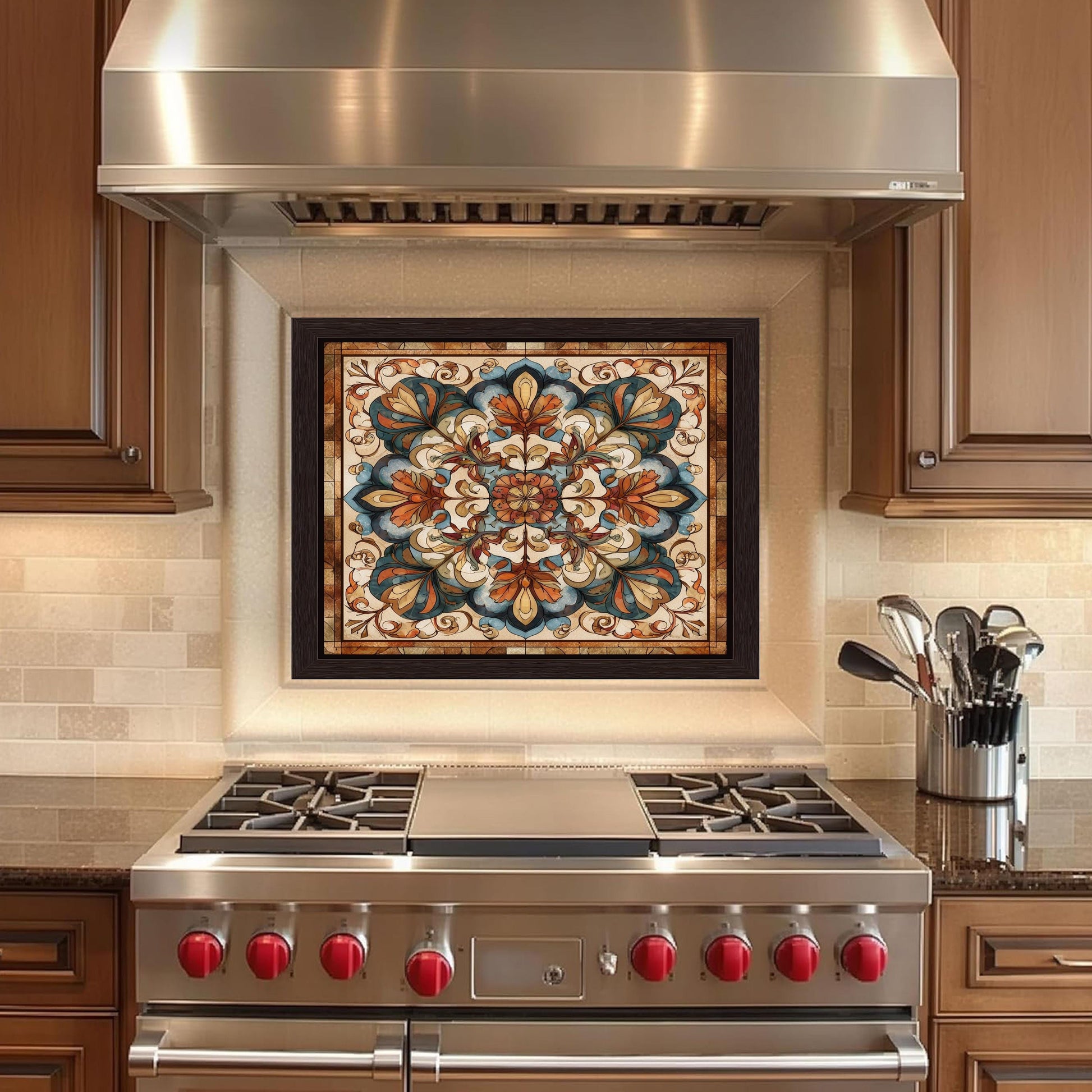 Ornate Amber Mandala Glass Backsplash, Floral Stained Glass Stove Panel, Custom Size Art