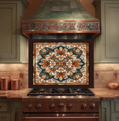 Ornate Amber Mandala Glass Backsplash, Floral Stained Glass Stove Panel, Custom Size Art