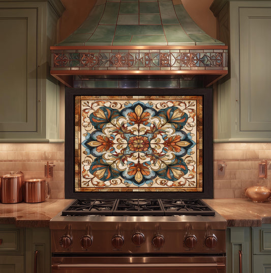 Ornate Amber Mandala Glass Backsplash, Floral Stained Glass Stove Panel, Custom Size Art