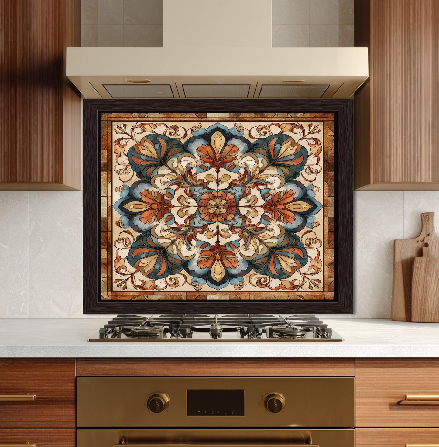 Ornate Amber Mandala Glass Backsplash, Floral Stained Glass Stove Panel, Custom Size Art