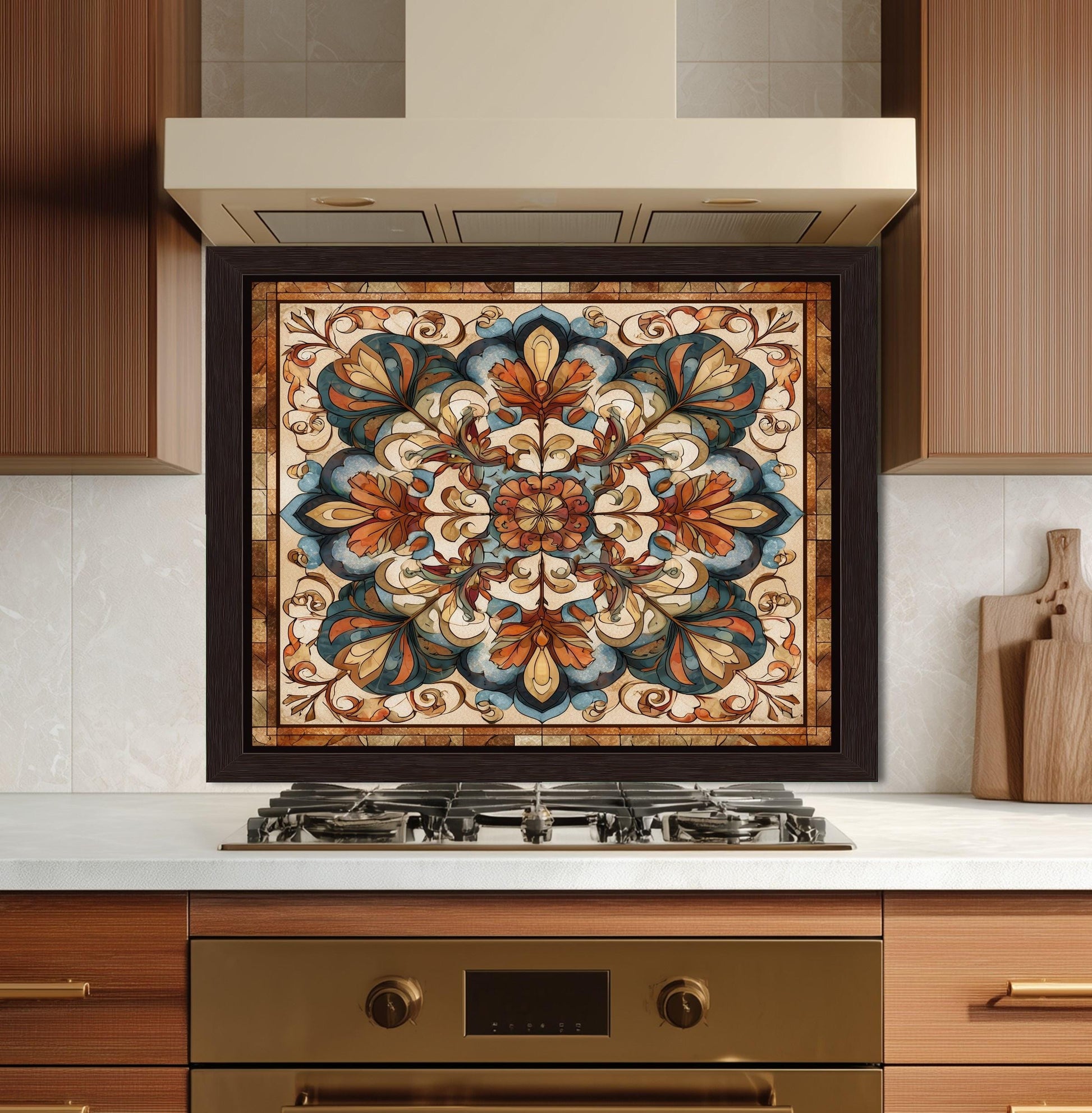 Ornate Amber Mandala Glass Backsplash, Floral Stained Glass Stove Panel, Custom Size Art