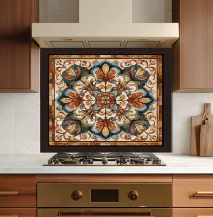 Ornate Amber Mandala Glass Backsplash, Floral Stained Glass Stove Panel, Custom Size Art