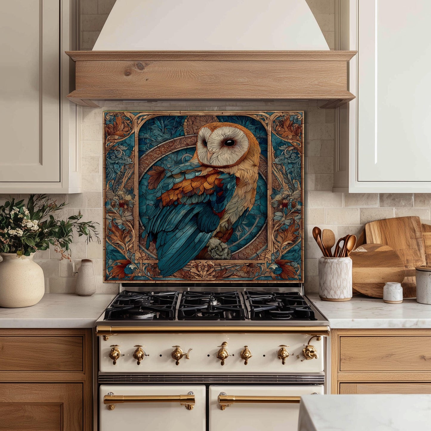 Stained Glass Owl Backsplash, Ornate Floral Mandala Wall Art, Custom Size Stove Panel