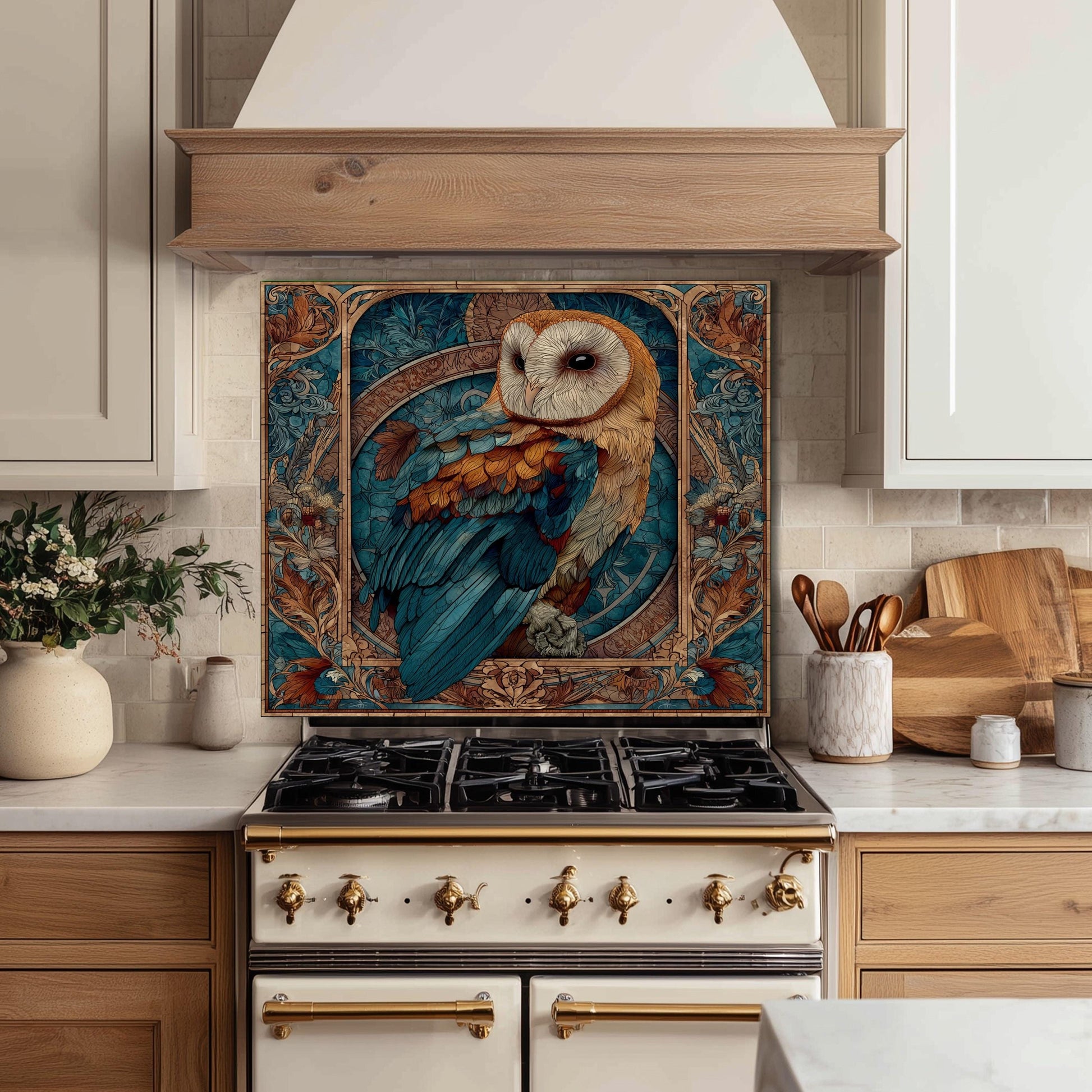 Stained Glass Owl Backsplash, Ornate Floral Mandala Wall Art, Custom Size Stove Panel