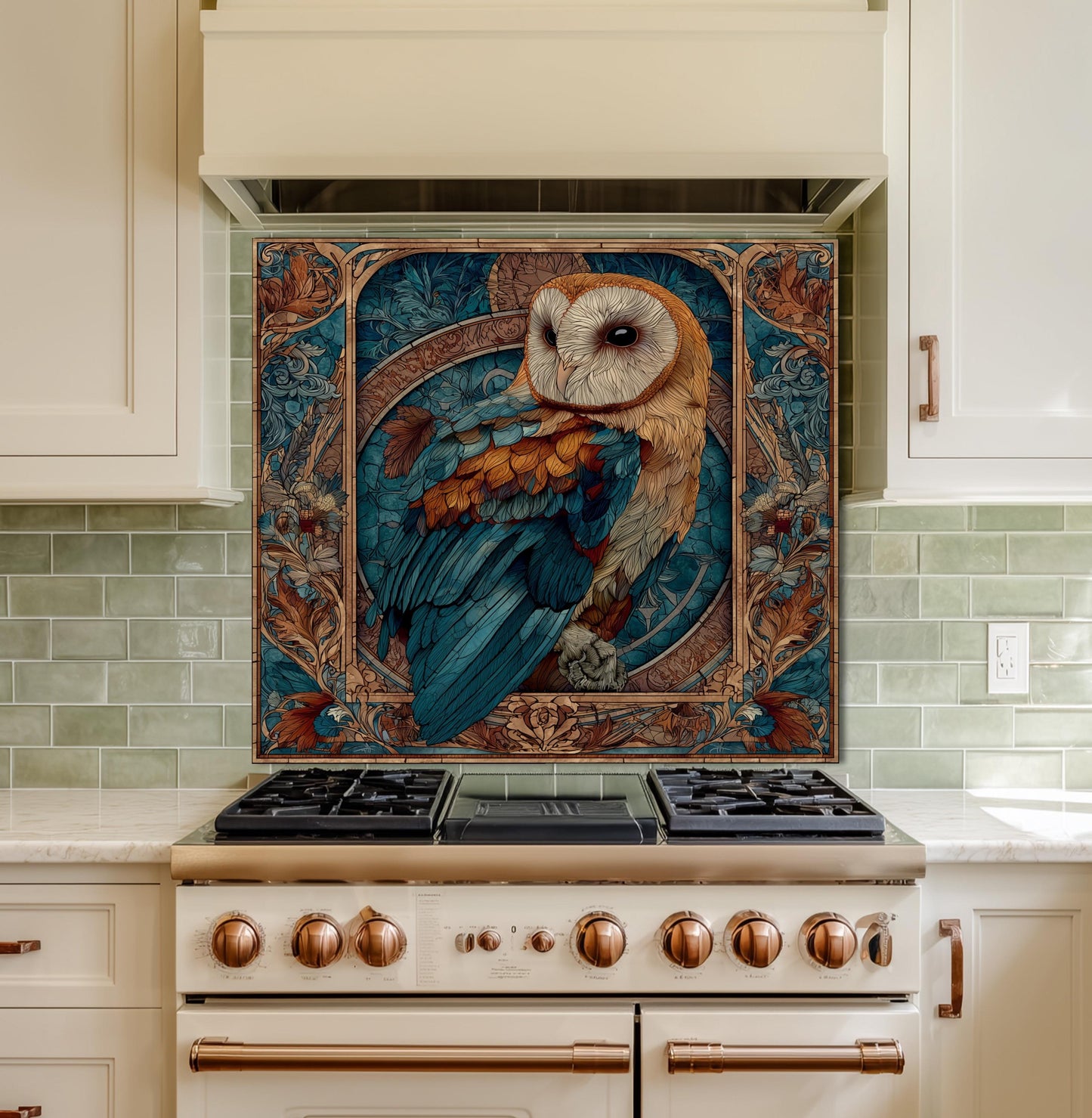Stained Glass Owl Backsplash, Ornate Floral Mandala Wall Art, Custom Size Stove Panel