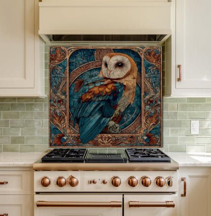 Stained Glass Owl Backsplash, Ornate Floral Mandala Wall Art, Custom Size Stove Panel