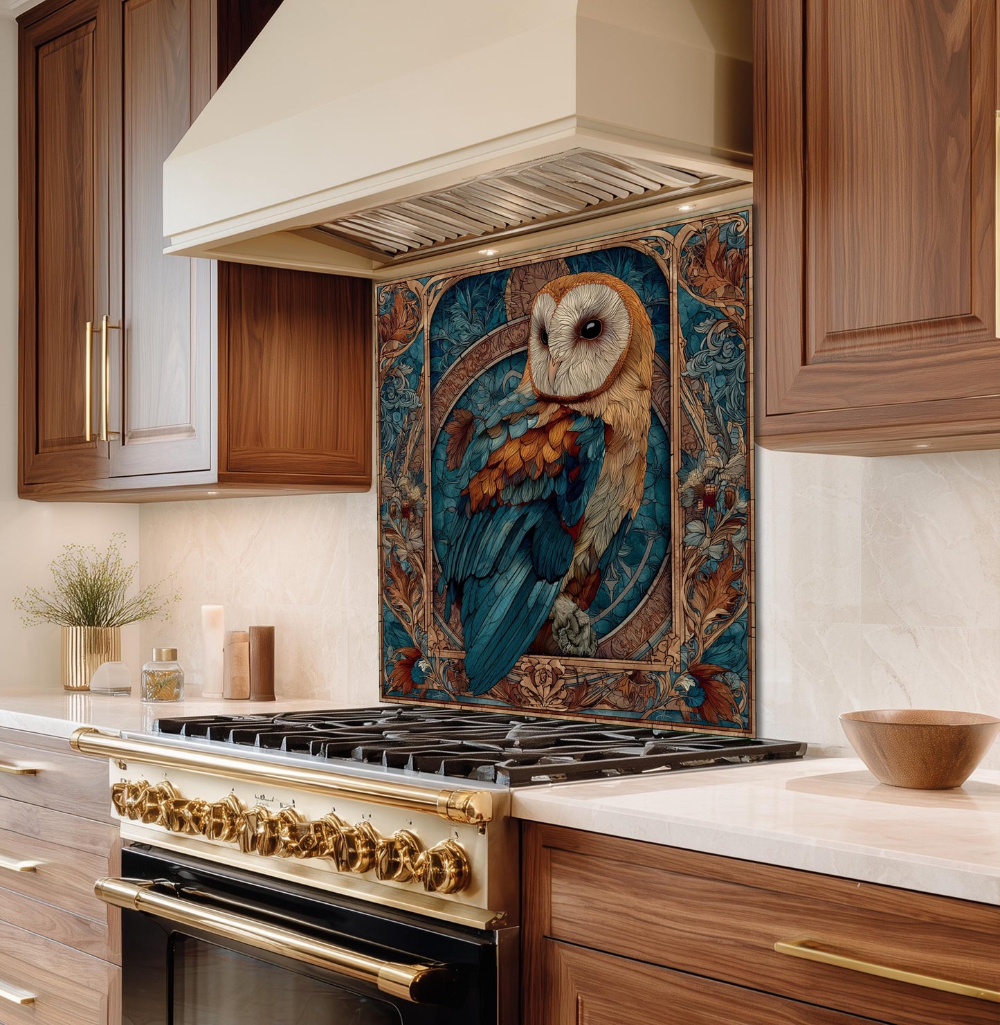 Stained Glass Owl Backsplash, Ornate Floral Mandala Wall Art, Custom Size Stove Panel