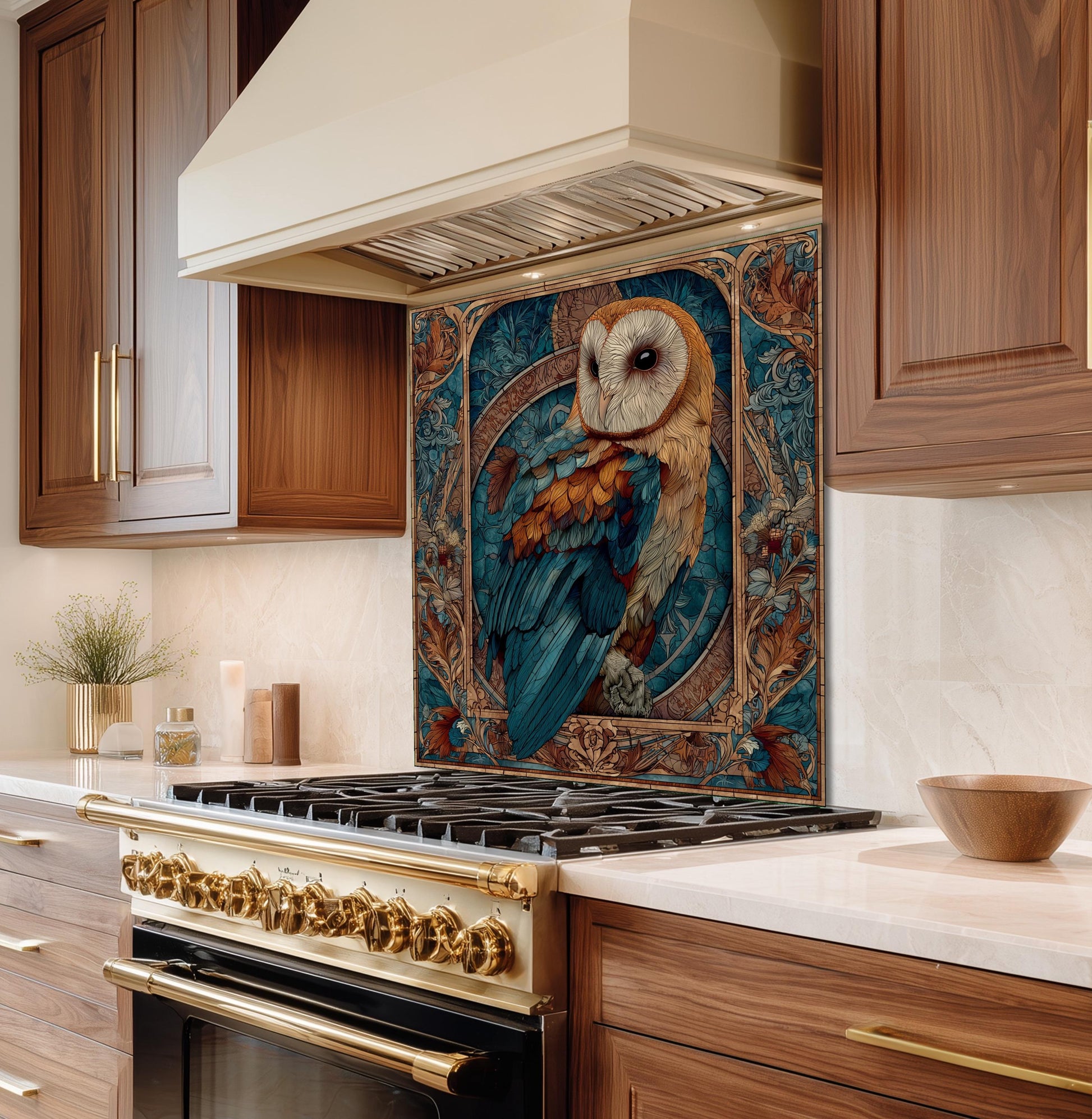 Stained Glass Owl Backsplash, Ornate Floral Mandala Wall Art, Custom Size Stove Panel