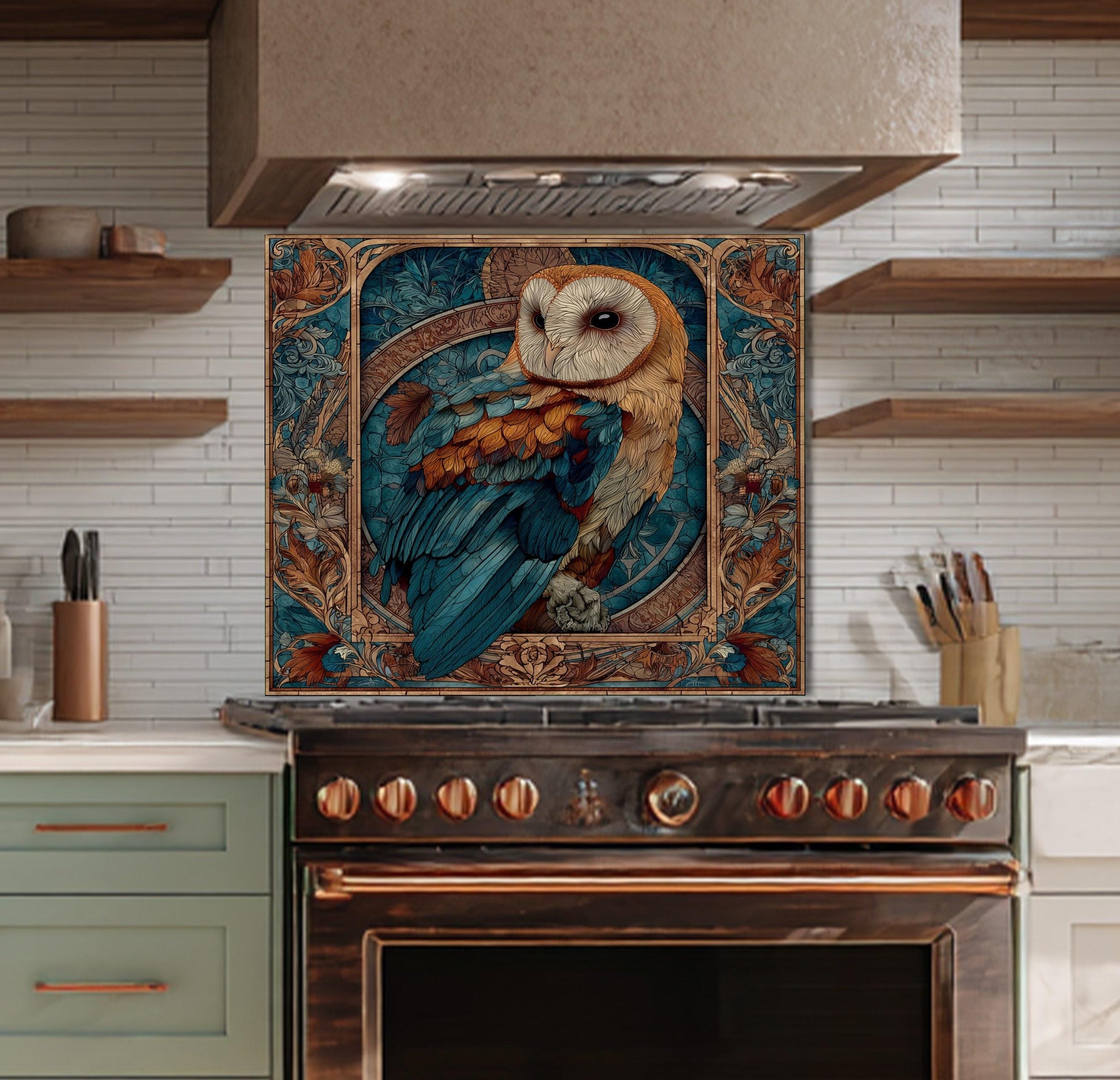 Stained Glass Owl Backsplash, Ornate Floral Mandala Wall Art, Custom Size Stove Panel