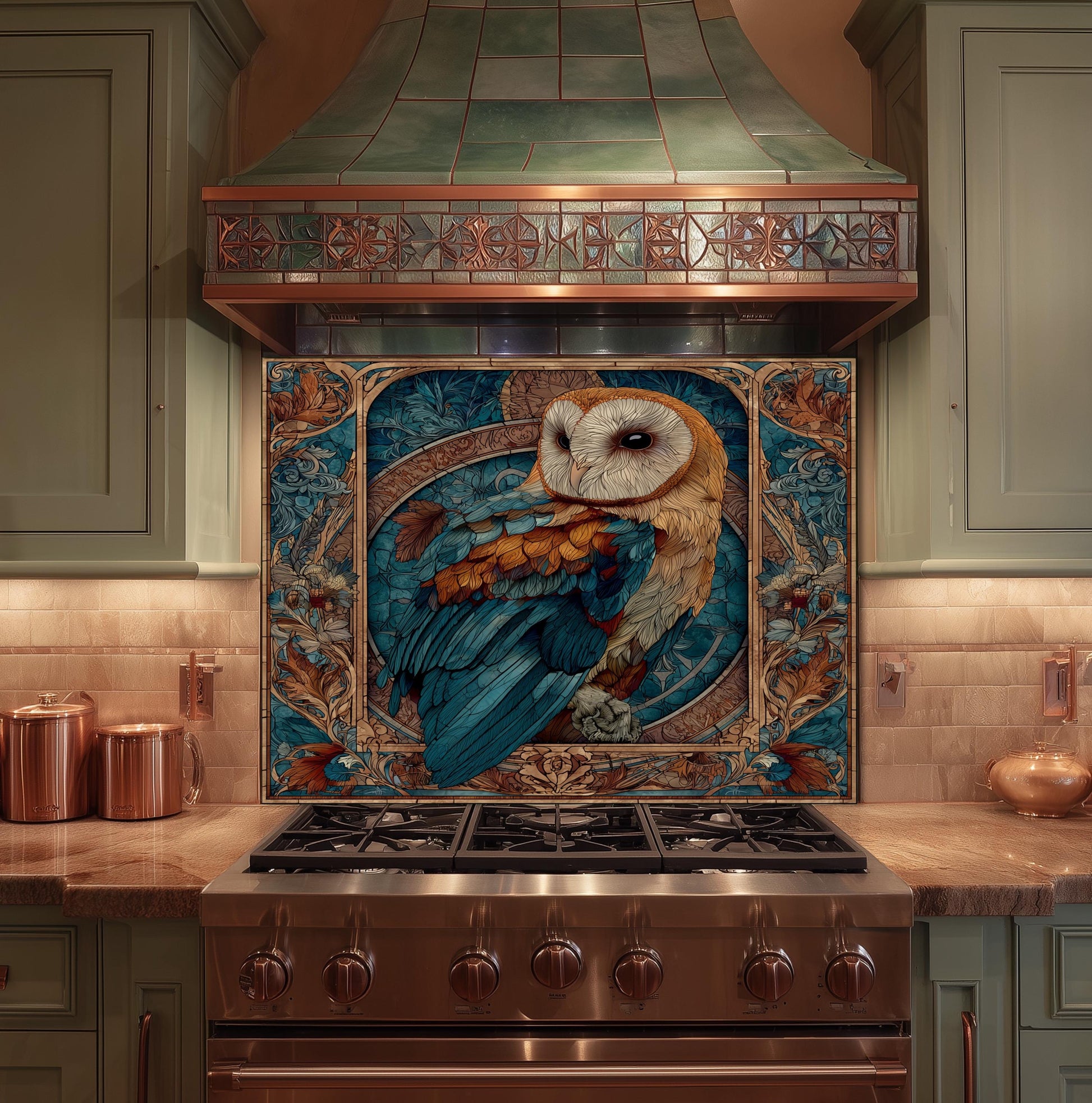 Stained Glass Owl Backsplash, Ornate Floral Mandala Wall Art, Custom Size Stove Panel