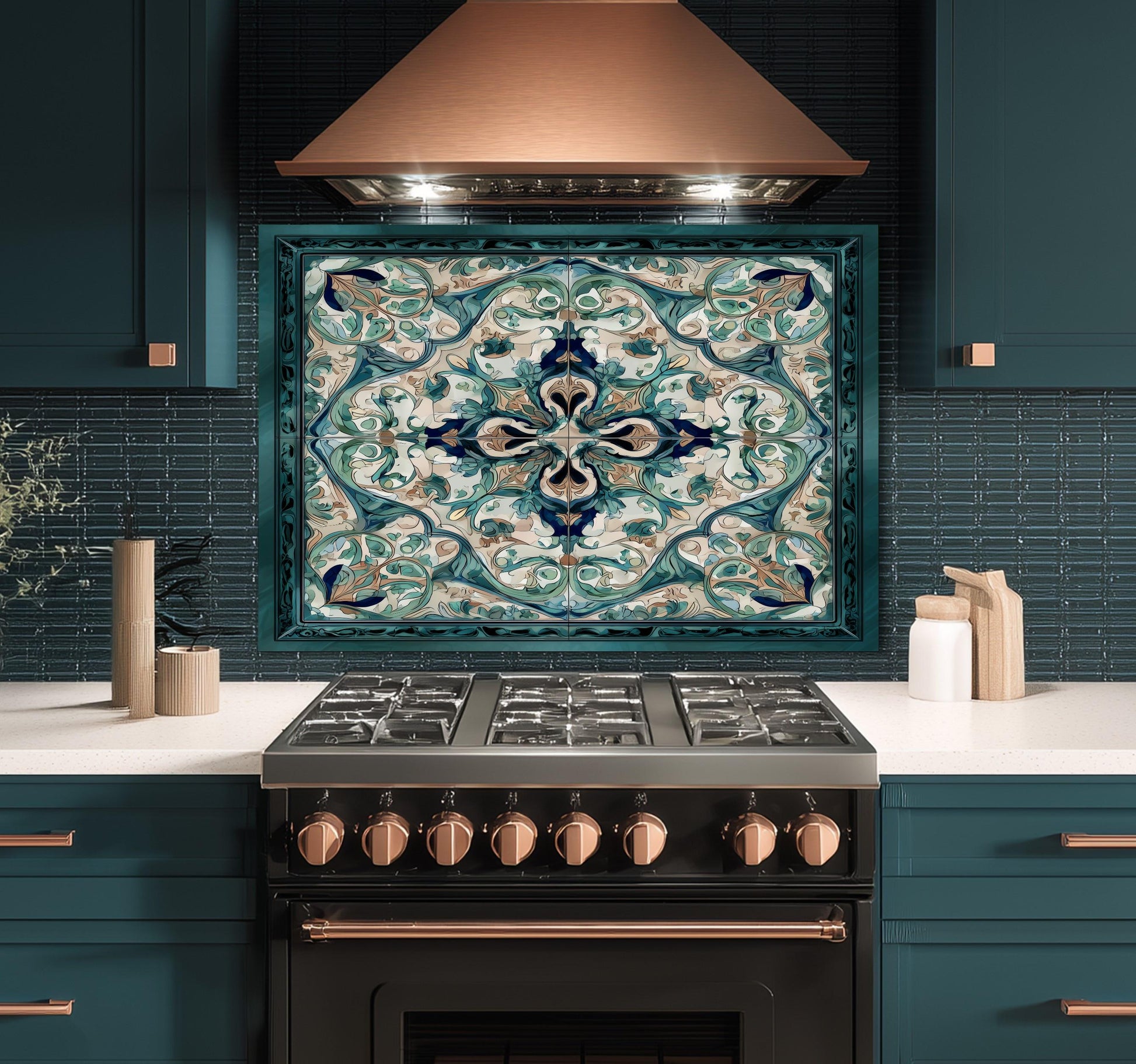 Baroque Acanthus Glass Backsplash, Teal Floral Wall Art, Custom Size Stove Panel