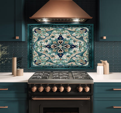 Baroque Acanthus Glass Backsplash, Teal Floral Wall Art, Custom Size Stove Panel