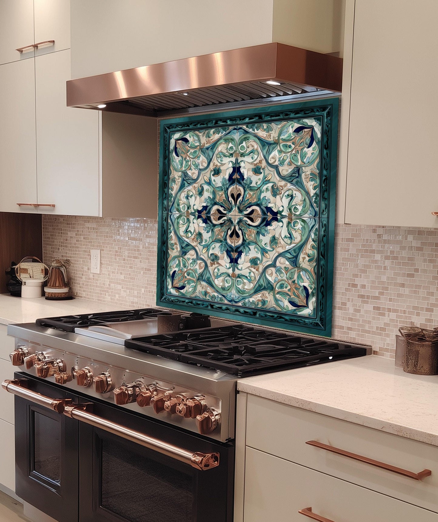 Baroque Acanthus Glass Backsplash, Teal Floral Wall Art, Custom Size Stove Panel