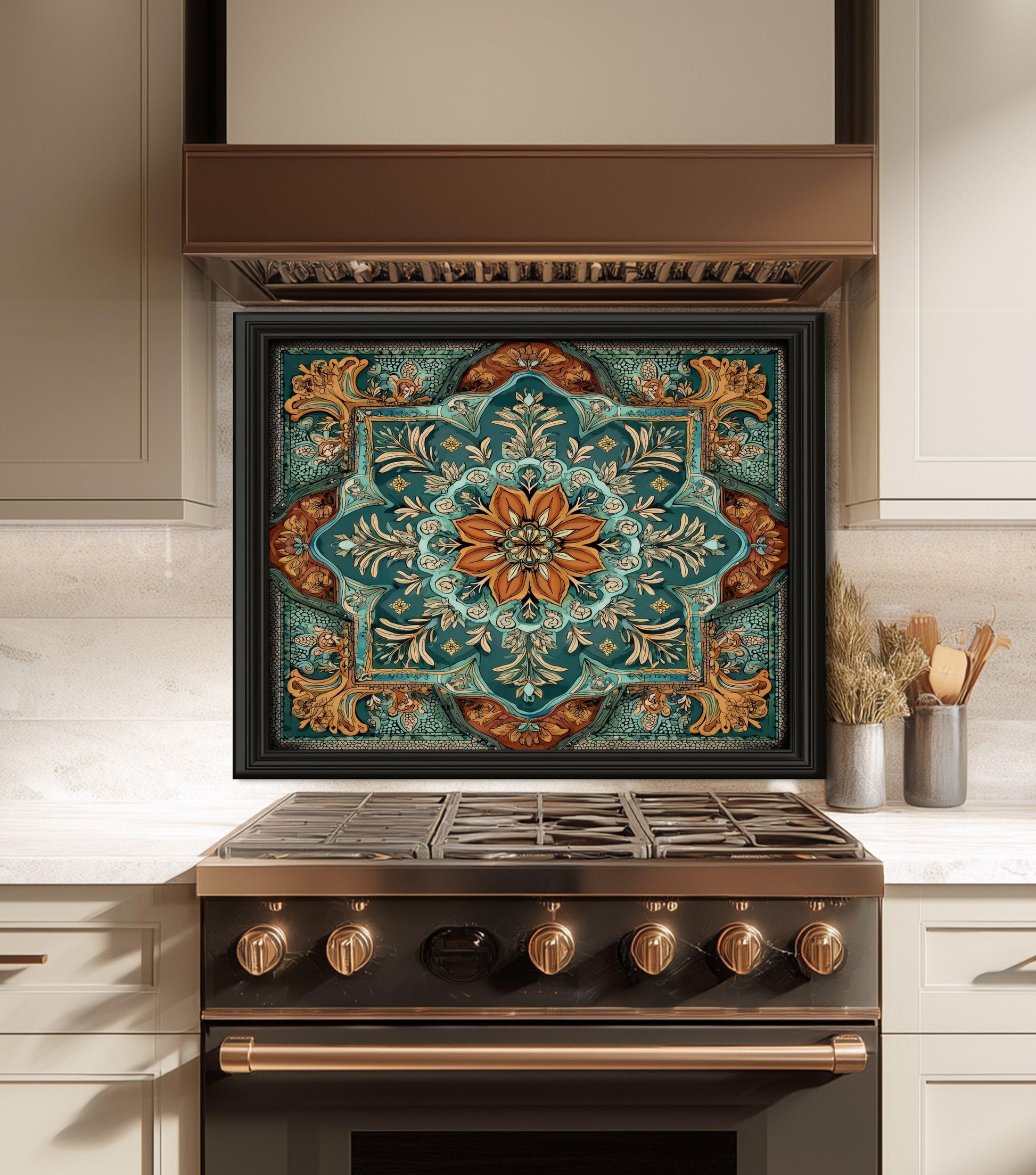 Turquoise & Copper Floral Backsplash, Heat Resistant Stove Guard, Custom Size Glass Art