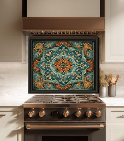 Turquoise & Copper Floral Backsplash, Heat Resistant Stove Guard, Custom Size Glass Art
