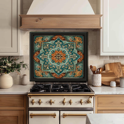 Turquoise & Copper Floral Backsplash, Heat Resistant Stove Guard, Custom Size Glass Art