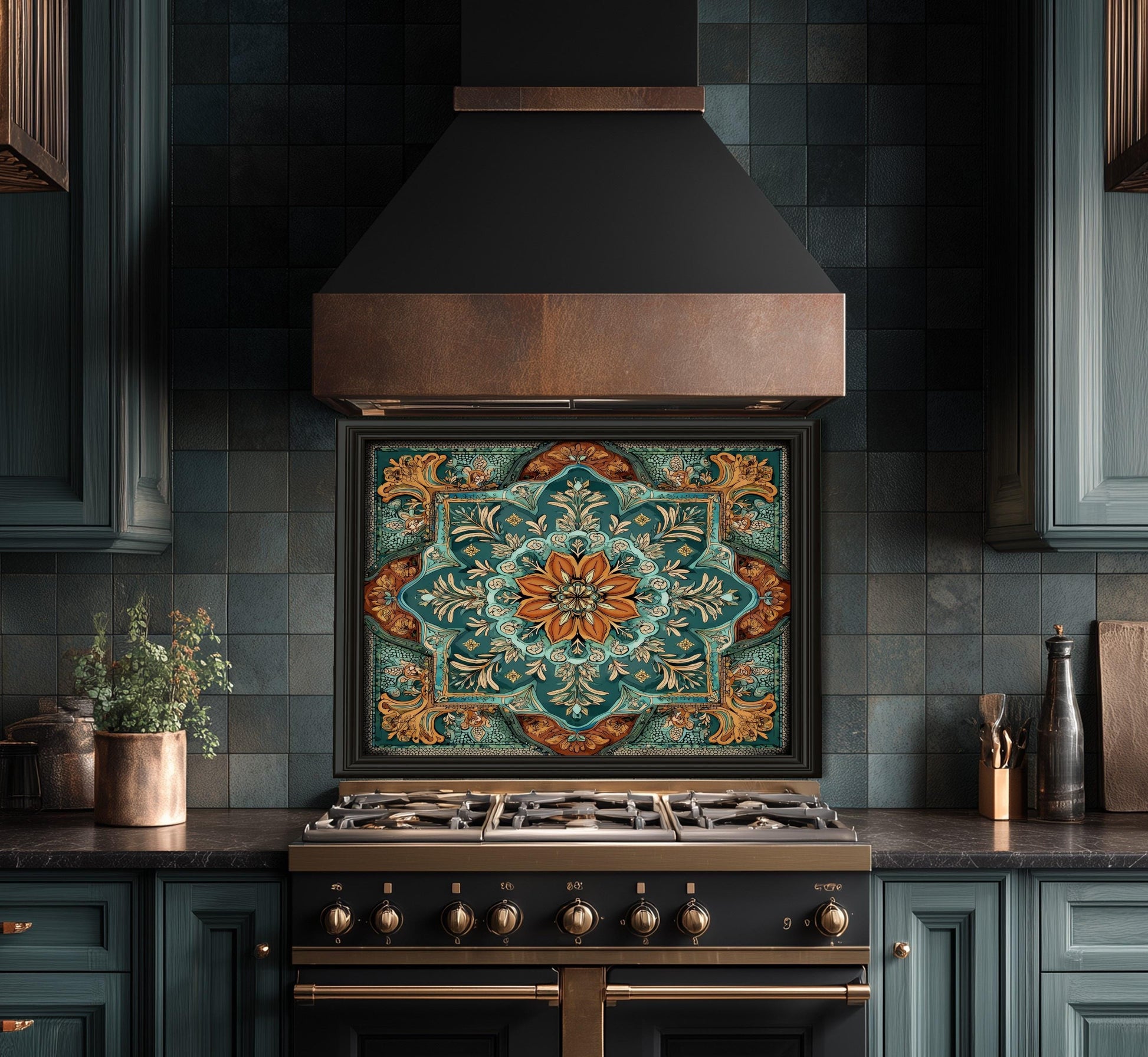 Turquoise & Copper Floral Backsplash, Heat Resistant Stove Guard, Custom Size Glass Art