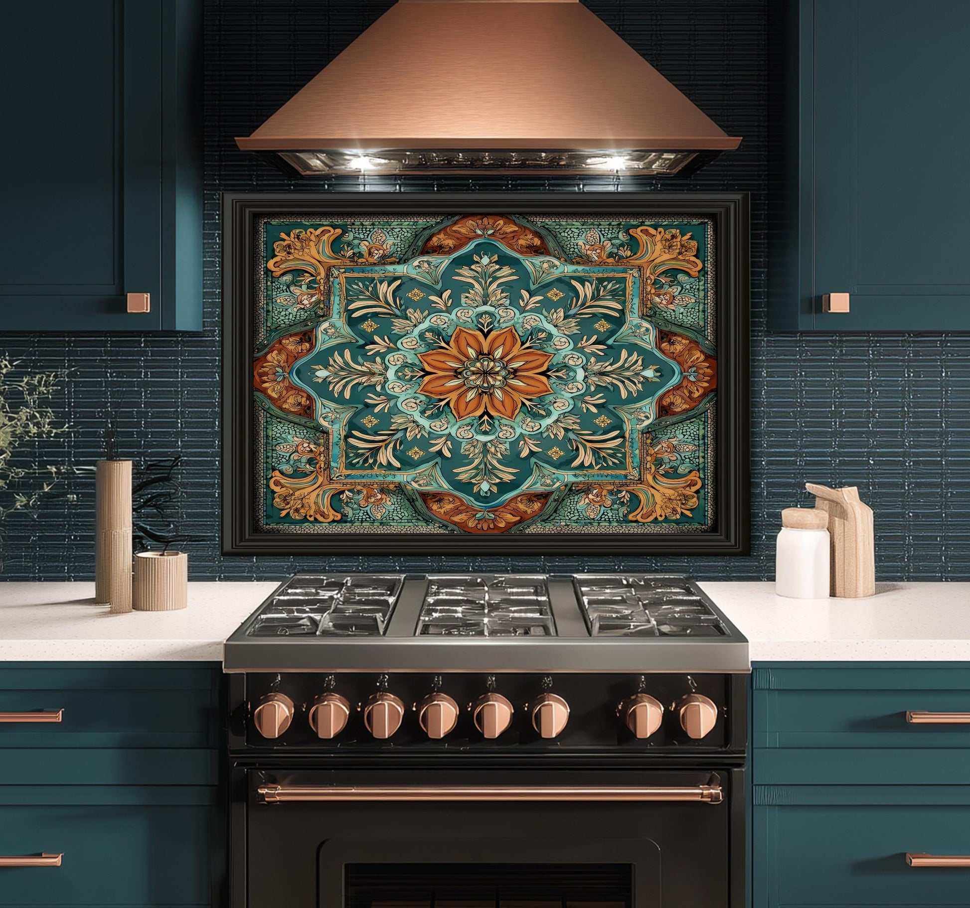 Turquoise & Copper Floral Backsplash, Heat Resistant Stove Guard, Custom Size Glass Art