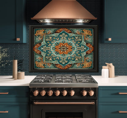 Turquoise & Copper Floral Backsplash, Heat Resistant Stove Guard, Custom Size Glass Art