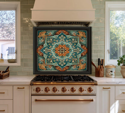 Turquoise & Copper Floral Backsplash, Heat Resistant Stove Guard, Custom Size Glass Art