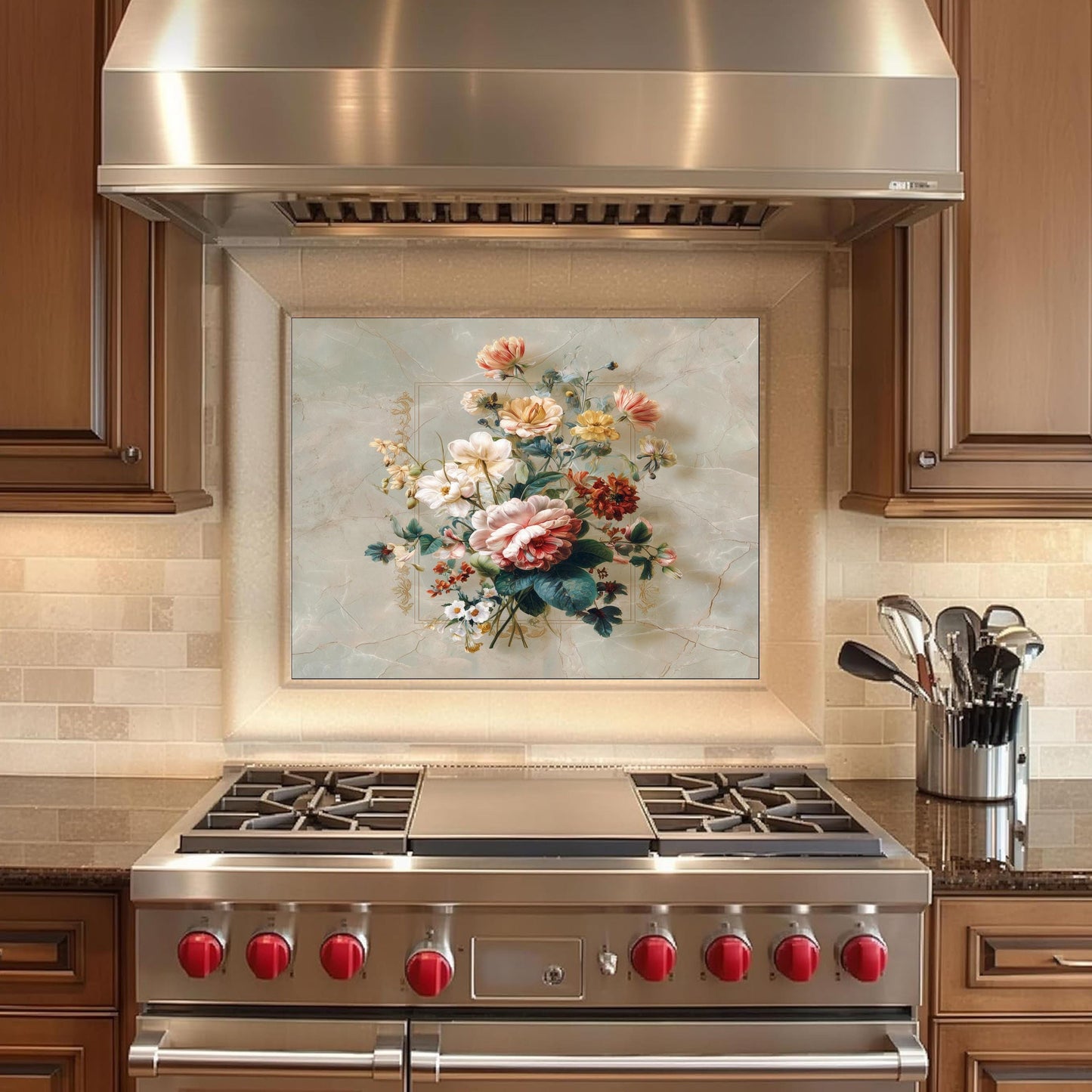 Floral Bouquet Marble Backsplash, Vibrant Botanical Stove Guard, Custom Size Glass Art