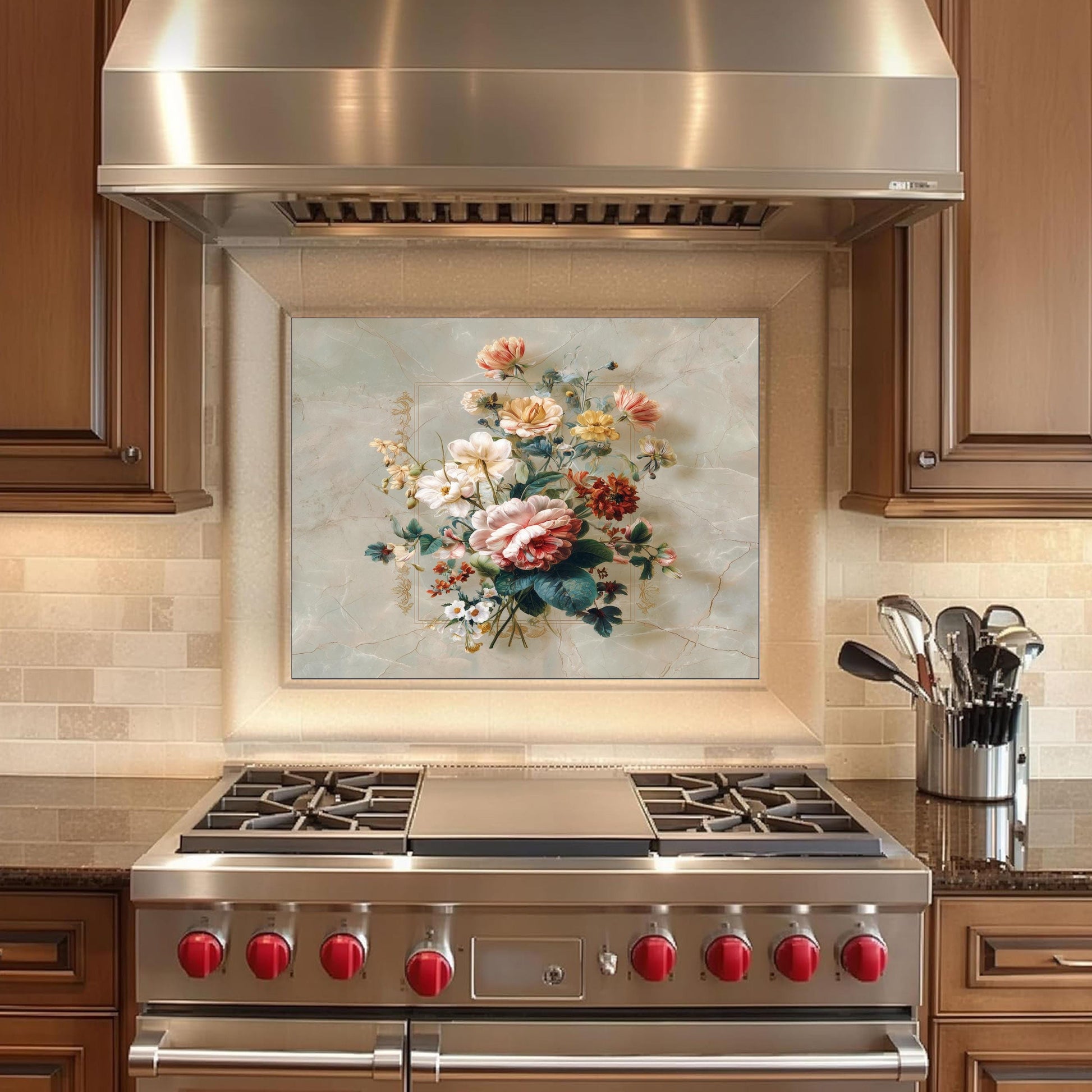 Floral Bouquet Marble Backsplash, Vibrant Botanical Stove Guard, Custom Size Glass Art