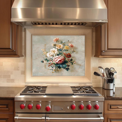 Floral Bouquet Marble Backsplash, Vibrant Botanical Stove Guard, Custom Size Glass Art