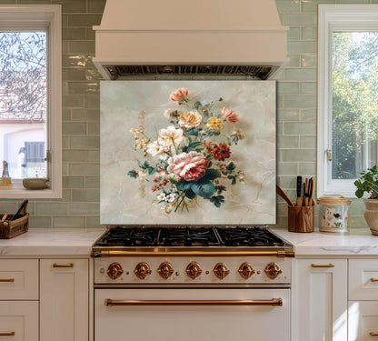 Floral Bouquet Marble Backsplash, Vibrant Botanical Stove Guard, Custom Size Glass Art
