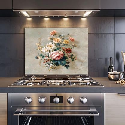 Floral Bouquet Marble Backsplash, Vibrant Botanical Stove Guard, Custom Size Glass Art