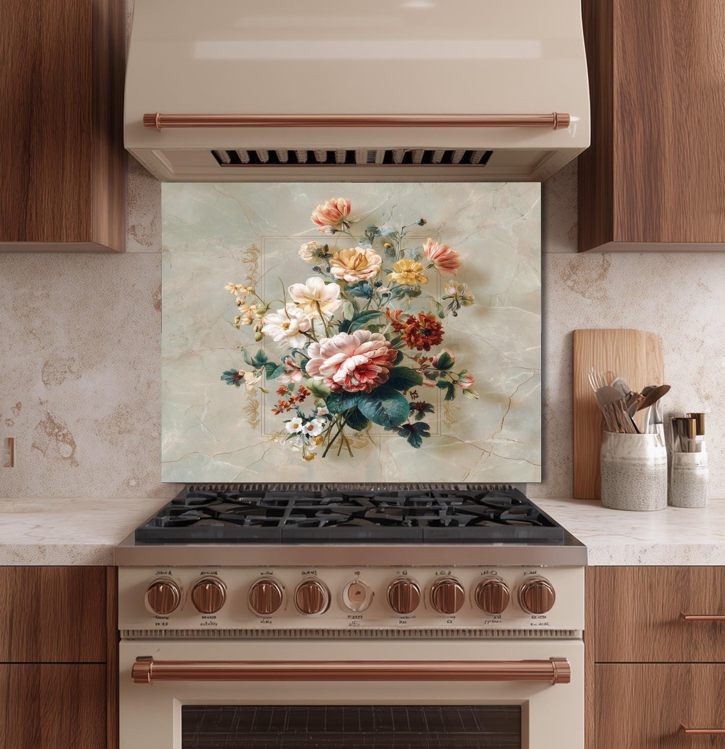 Floral Bouquet Marble Backsplash, Vibrant Botanical Stove Guard, Custom Size Glass Art