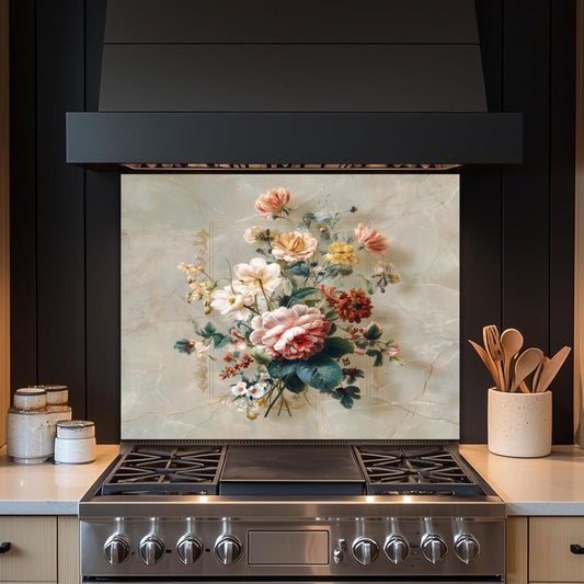 Floral Bouquet Marble Backsplash, Vibrant Botanical Stove Guard, Custom Size Glass Art