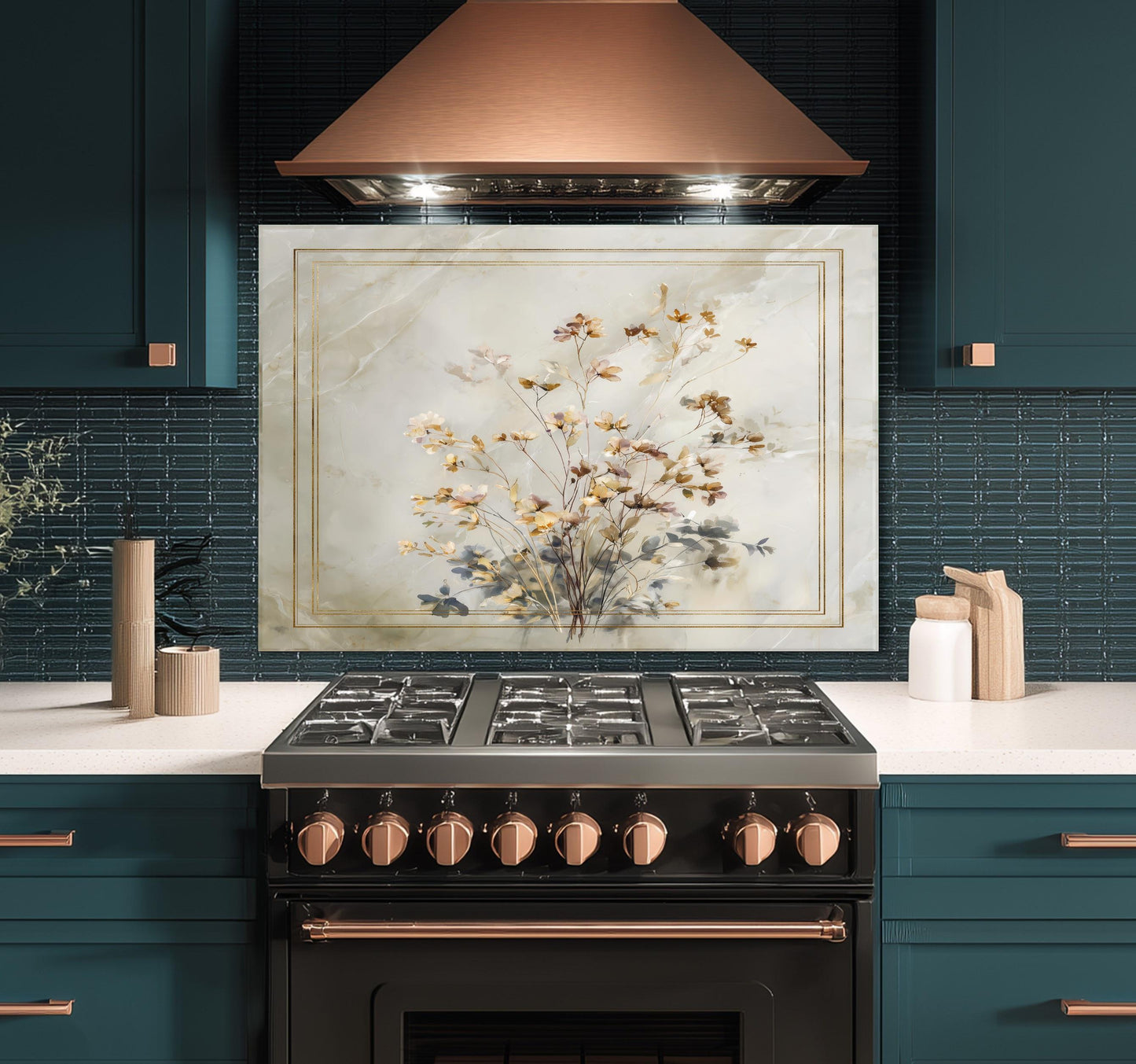 Golden Wildflower Marble Backsplash, Soft Watercolor Stove Guard, Custom Size Glass Art