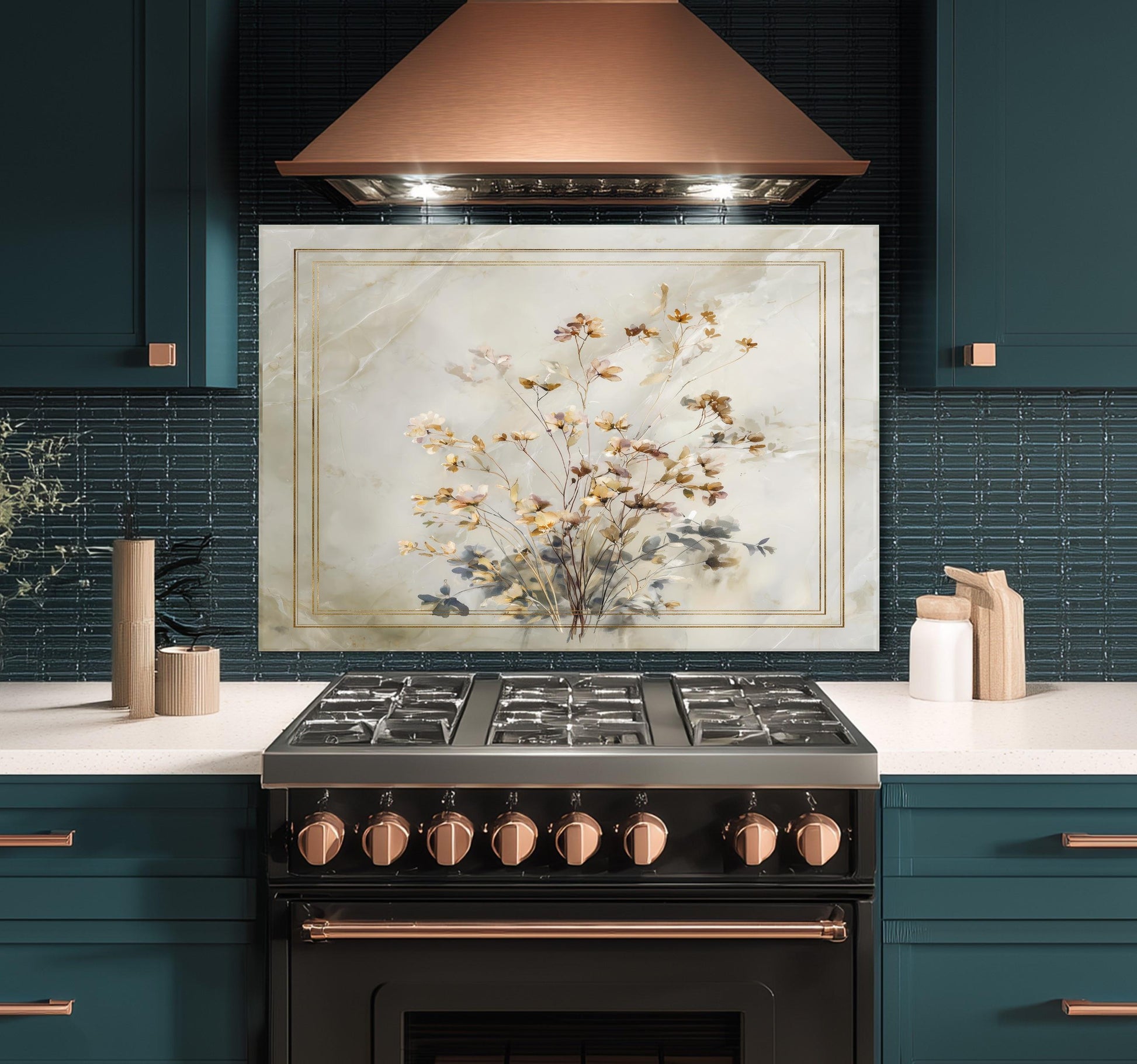 Golden Wildflower Marble Backsplash, Soft Watercolor Stove Guard, Custom Size Glass Art