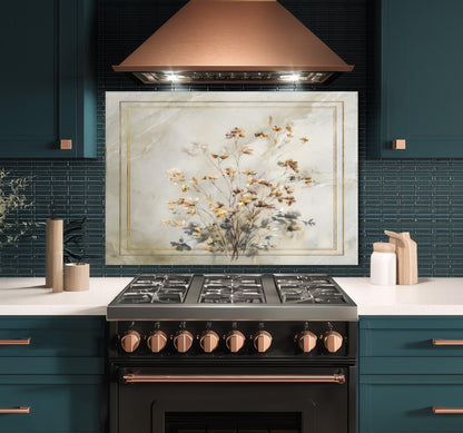 Golden Wildflower Marble Backsplash, Soft Watercolor Stove Guard, Custom Size Glass Art