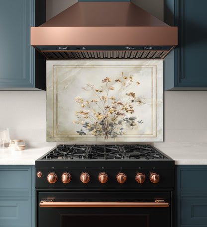 Golden Wildflower Marble Backsplash, Soft Watercolor Stove Guard, Custom Size Glass Art