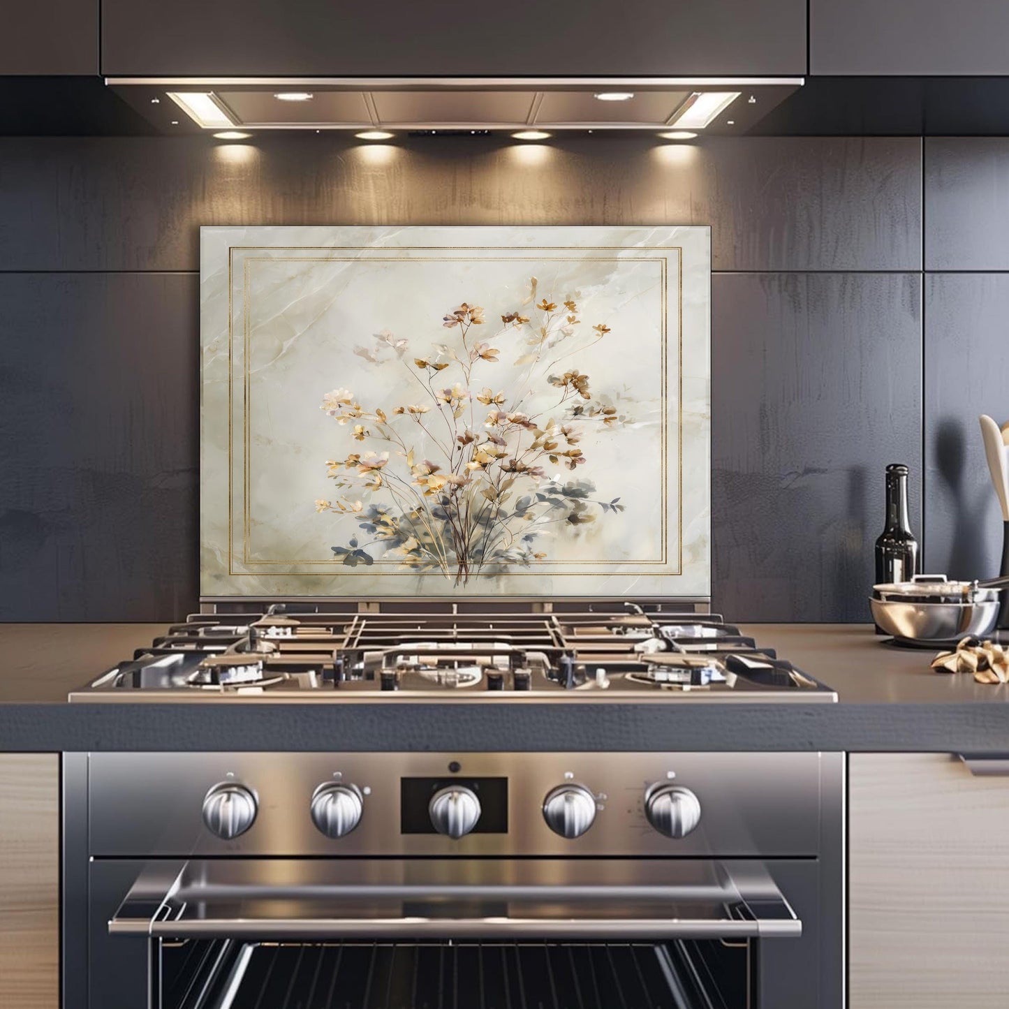 Golden Wildflower Marble Backsplash, Soft Watercolor Stove Guard, Custom Size Glass Art