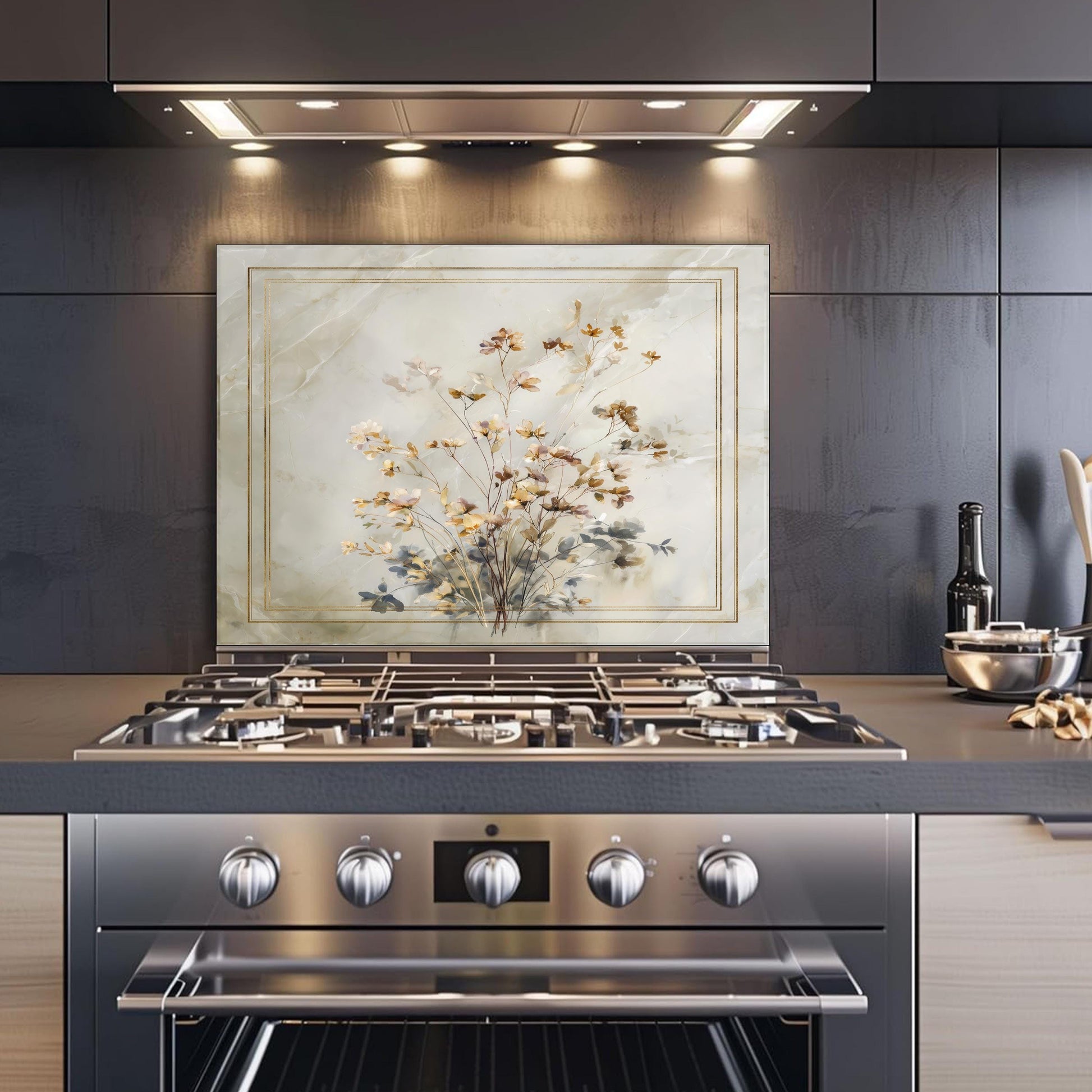 Golden Wildflower Marble Backsplash, Soft Watercolor Stove Guard, Custom Size Glass Art