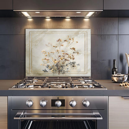 Golden Wildflower Marble Backsplash, Soft Watercolor Stove Guard, Custom Size Glass Art