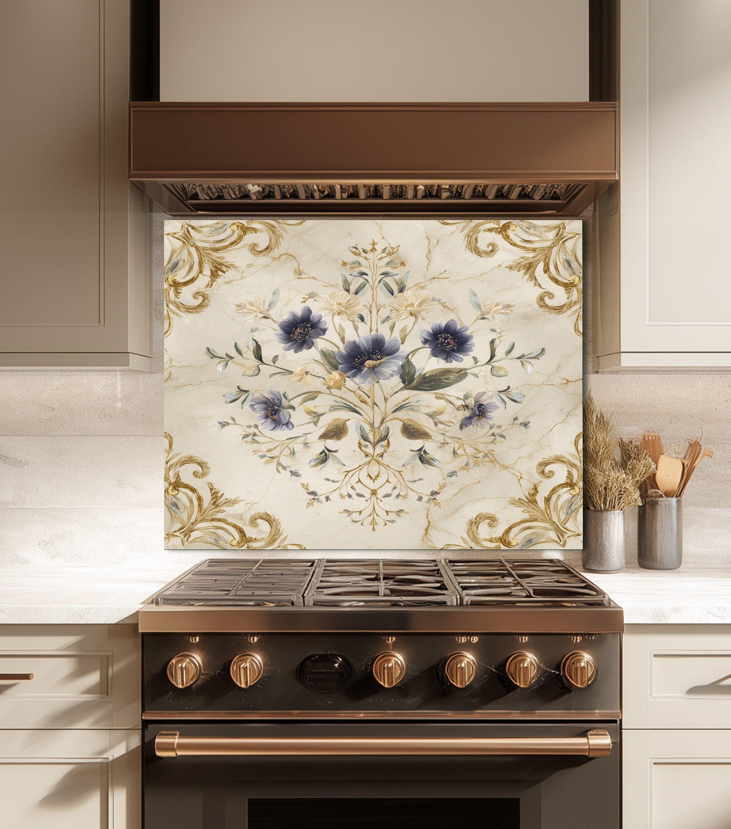 Blue Floral Damask Backsplash, Gold Varak Marble Stove Guard, Custom Size Glass Art