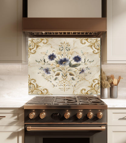 Blue Floral Damask Backsplash, Gold Varak Marble Stove Guard, Custom Size Glass Art