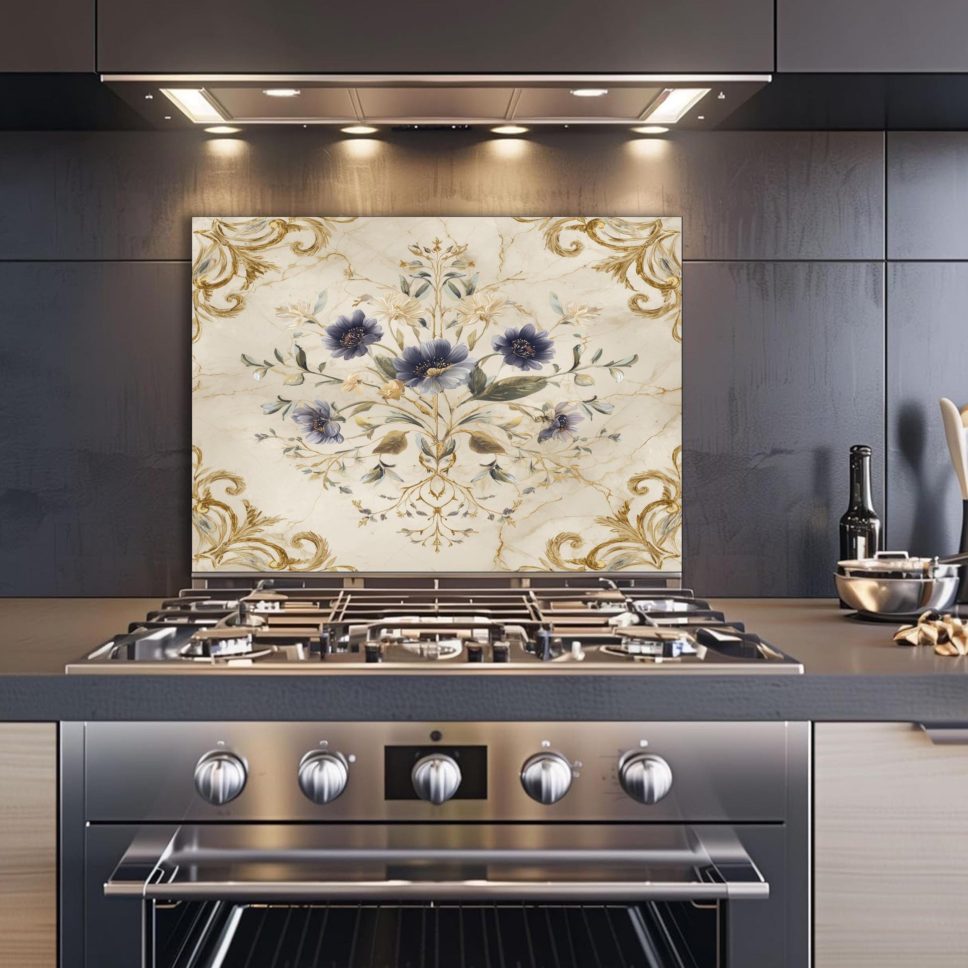 Blue Floral Damask Backsplash, Gold Varak Marble Stove Guard, Custom Size Glass Art