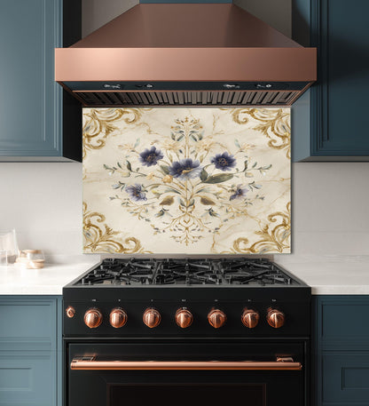 Blue Floral Damask Backsplash, Gold Varak Marble Stove Guard, Custom Size Glass Art
